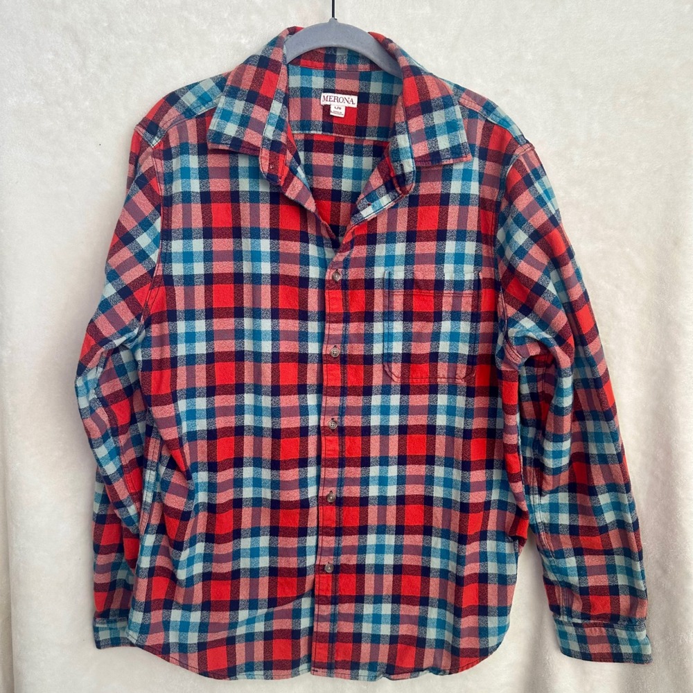 Merona Mens Red Orange Navy‎ Teal Plaid Flannel Button Down Shirt Sz L